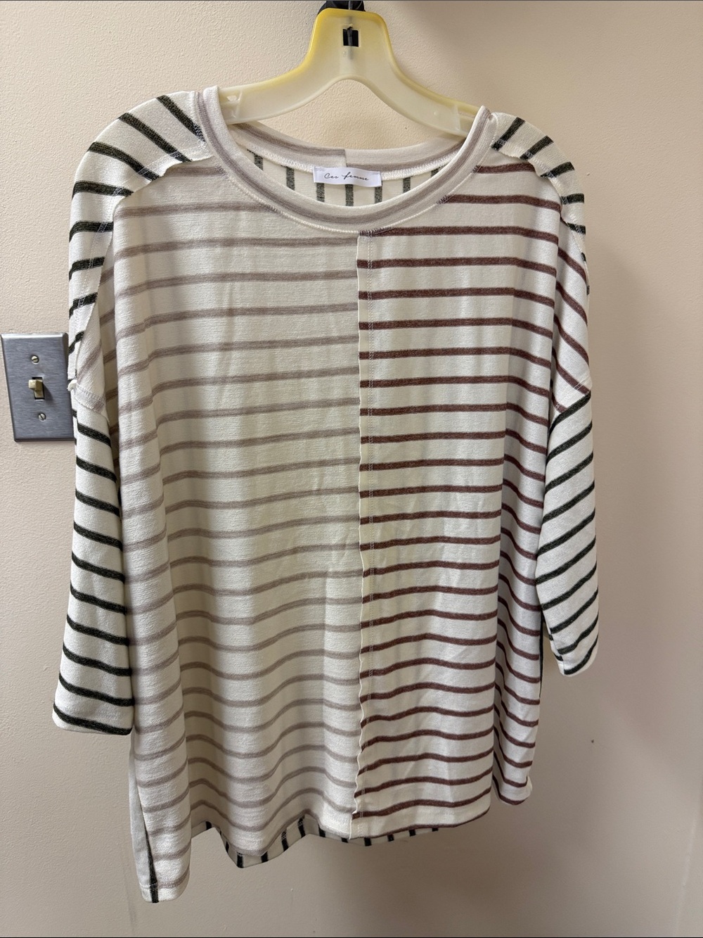 Ces Femme Cream Long Sleeve Striped Tee with Brown & Black Accents